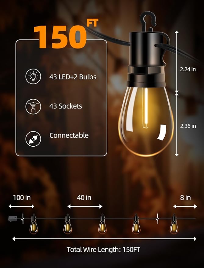 Outdoor Patio String Lights: S14 Shatterproof Bulb Outside Waterproof Light - - Image 2