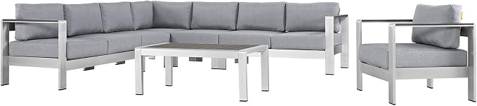 Modway Shore 7-Piece Aluminum Outdoor Patio Sectional Sofa Set in Silver Gray - Image 3