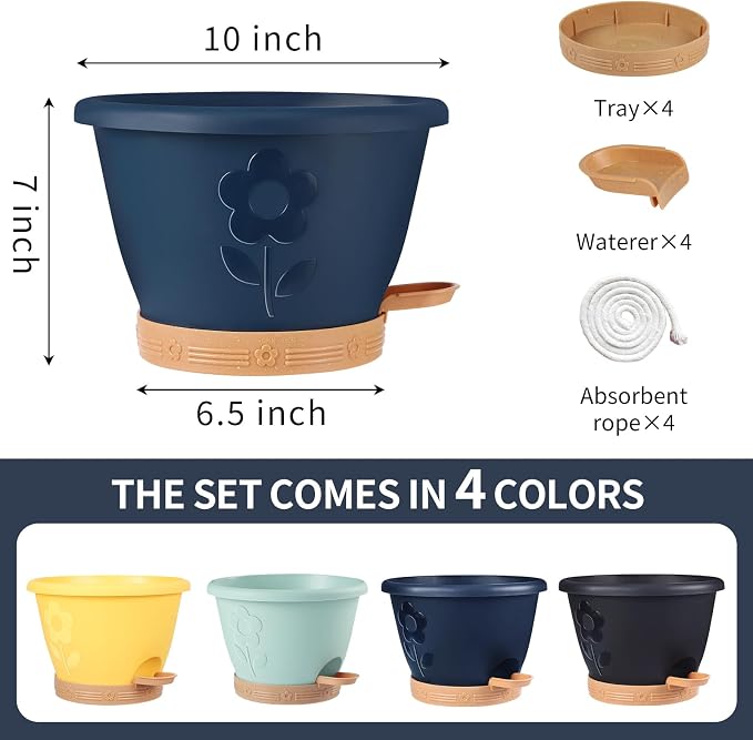 Plastic Plant Pots 10 Inch Set of 4, Self Watering Pots - Image 3