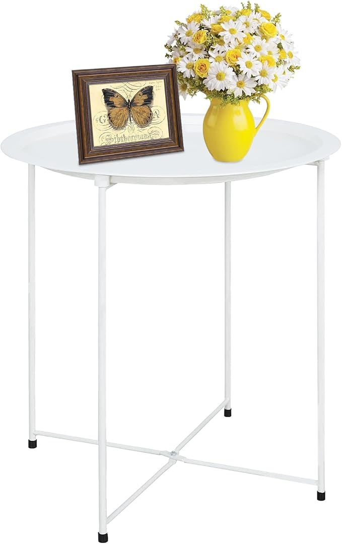 Garden 4 you End Table Metal Side Table White Round Folding Tray Cyan Sofa by Garden4you