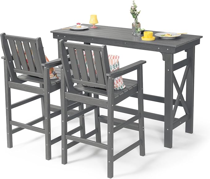 3 Pieces HDPE Outdoor Patio Bar Set, Rectangular Bar Height Table and Chairs Set - Image 9