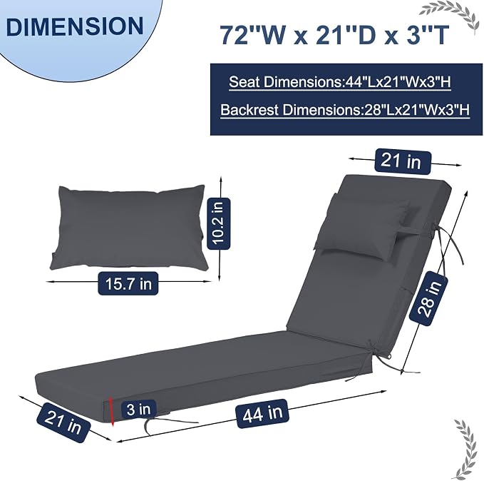 Outdoor Chaise Lounge Cushions Set of 2, Waterproof Fade Resistant Patio - Image 2