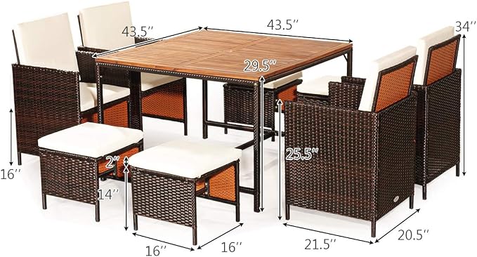 Tangkula 9 Pieces Acacia Wood Patio Dining Set, Space Saving Wicker Chairs and - Image 6