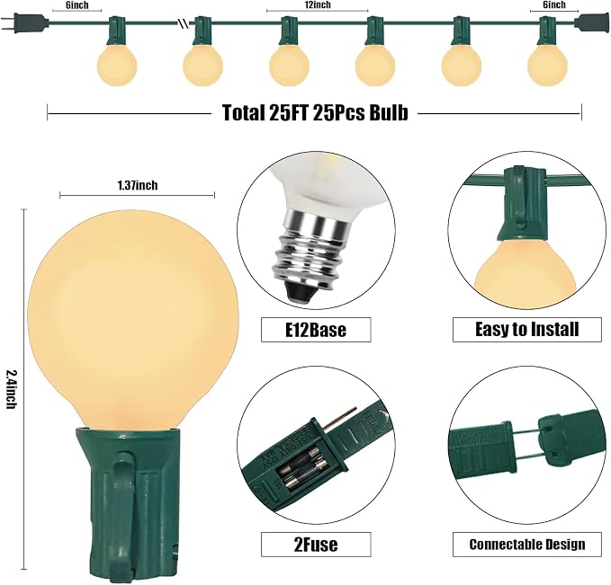 Abeja G40 Outdoor String Light, 25FT Frosted White Christmas String Lights - Image 2