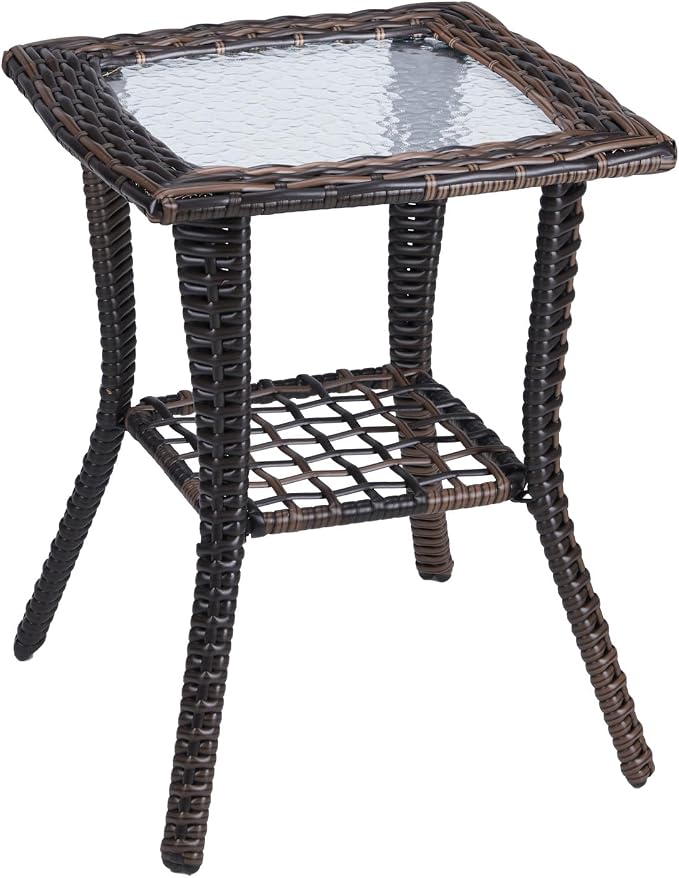 VINGLI Outdoor Side Table with Storage Wicker Patio Side Table, Tempered Glass by VINGLI