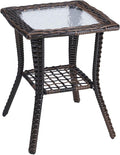 VINGLI Outdoor Side Table with Storage Wicker Patio Side Table, Tempered Glass by VINGLI