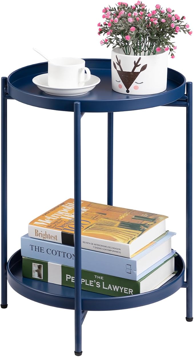 HollyHOME 2-Tier Round Side Table, Outdoor Small Folding Accent Stand by HollyHOME