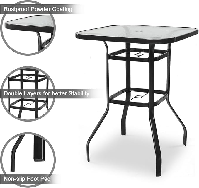 VINGLI Outdoor Bar Table with Umbrella Hole, Modern Black Metal Patio Bar Table - Image 5
