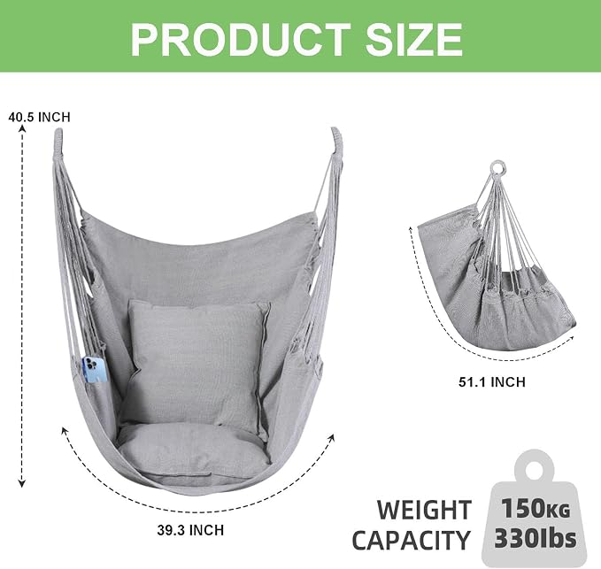 Goutime Hammock Chair, Boho Hanging Rope Ceiling Swing, Macrame Hanging - Image 2