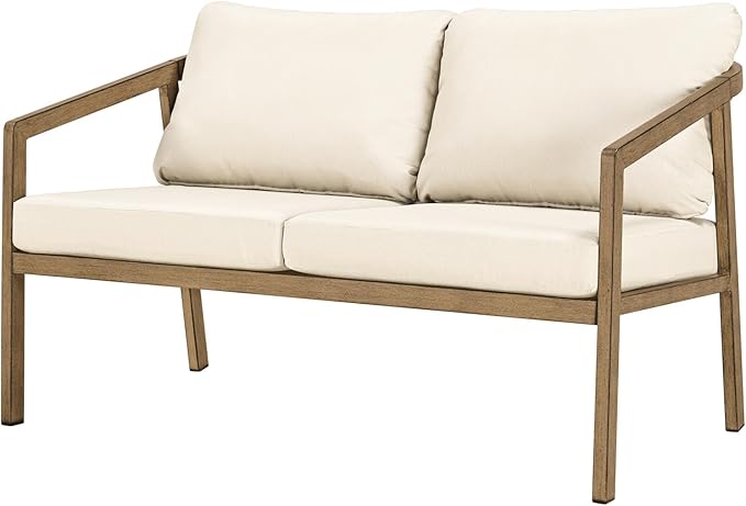 Teak Outdoor Patio Loveseat, Never-Rust Aluminum Outdoor Loveseat Couch by SeeHill