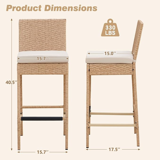 ECOTOUGE Outdoor Bar Stools, Wicker Woven Patio Stools & Patio Bar Chairs - Image 3