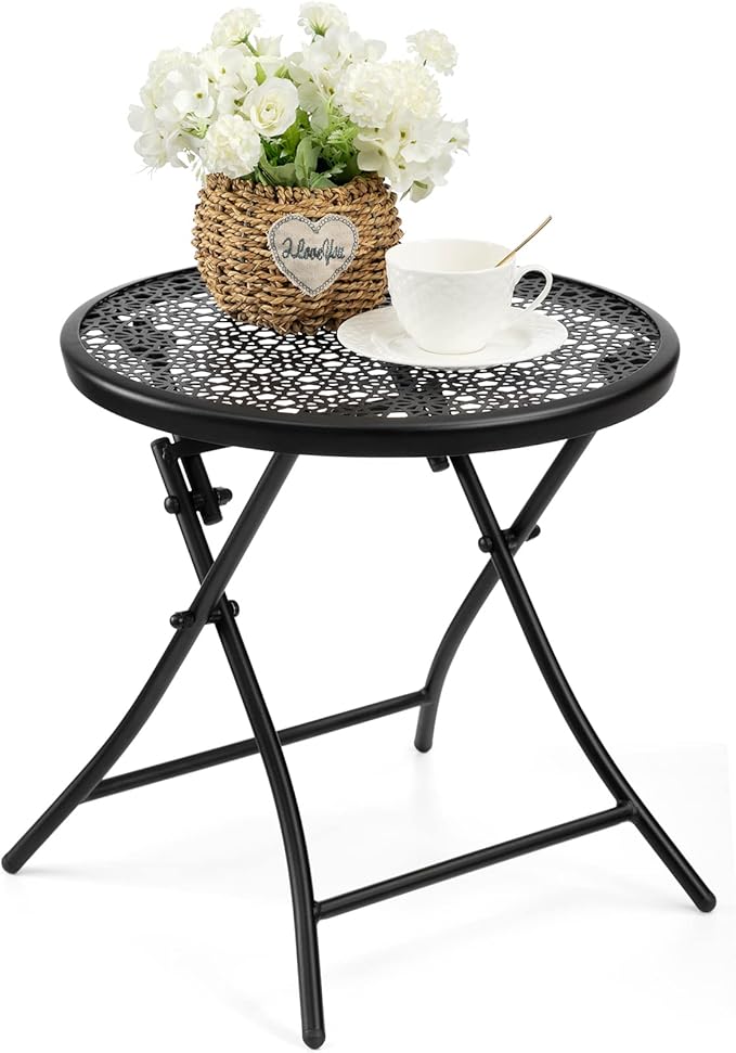 TeoKJ Folding Outdoor Side Tables, Anti Rust Small Patio Table Round Metal by TeoKJ