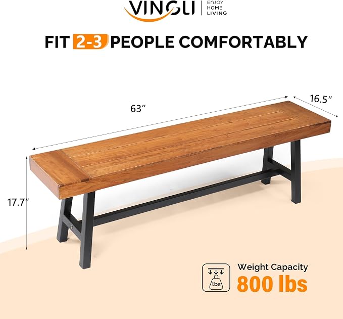 VINGLI Outdoor Bench with Metal Legs Rustic, Wood Dining Bench Indoor Outdoor - Image 3