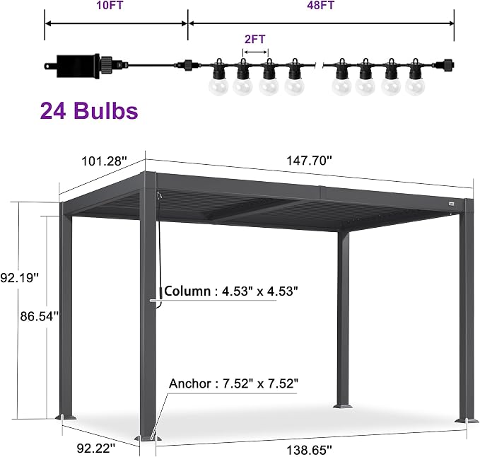 PURPLE LEAF Louvered Pergola w/Light 8' x 12' Aluminum Outdoor Pergola - Image 9