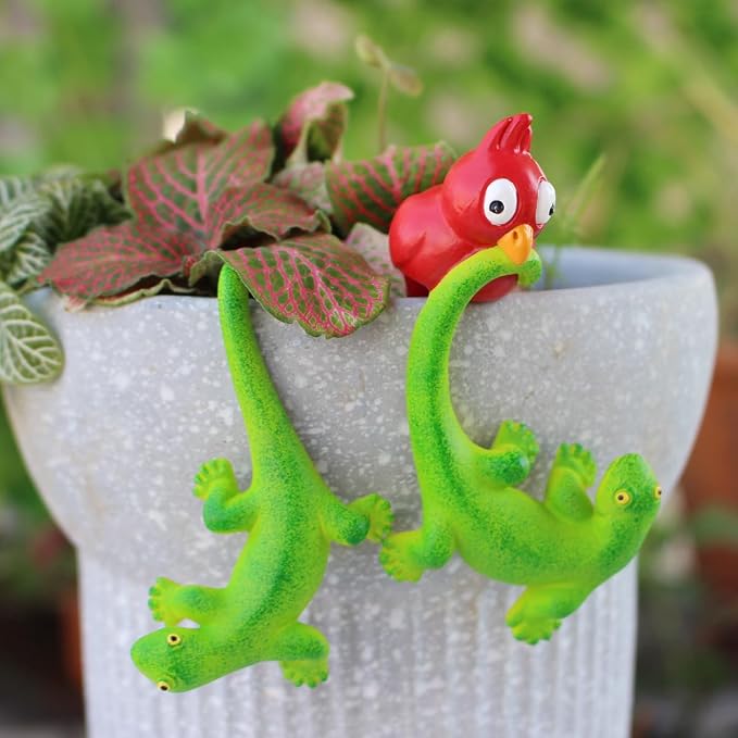 Set of 2 Funny Bird Catching Gecko Figurines Flower Pot and Vase Hugger - Image 9