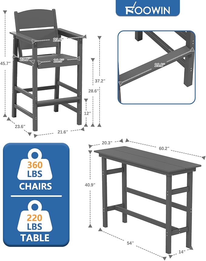 FOOWIN 3 Piece Outdoor Bar Height Table and Chairs, All Weather HDPE Patio Bar - Image 2
