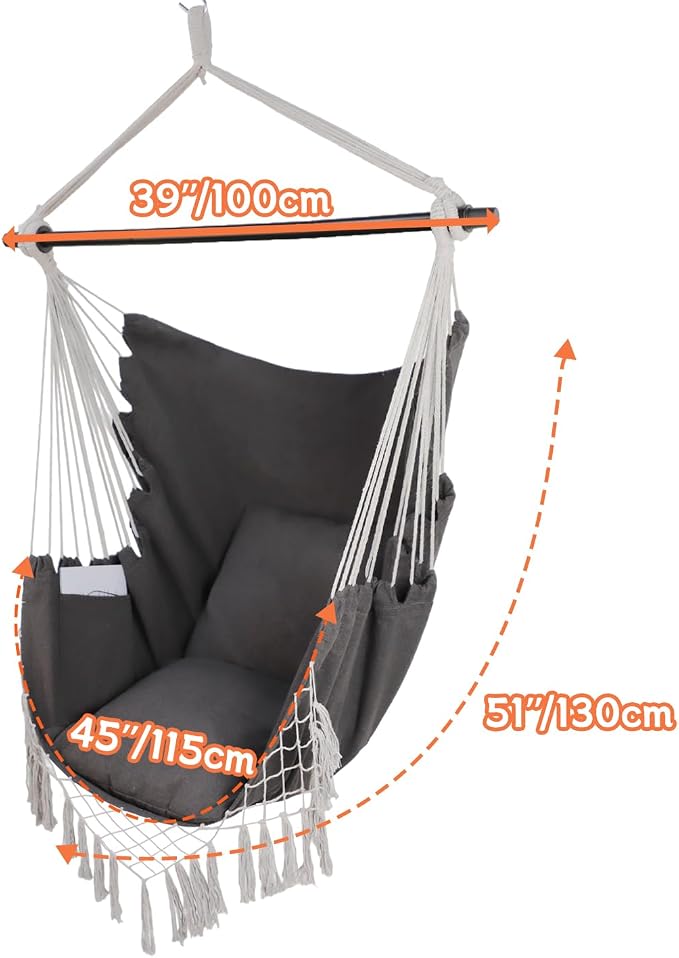 Hammock Chair Hanging Rope Swing Chair, Max 450 Lbs, Large Hanging Chair - Image 4