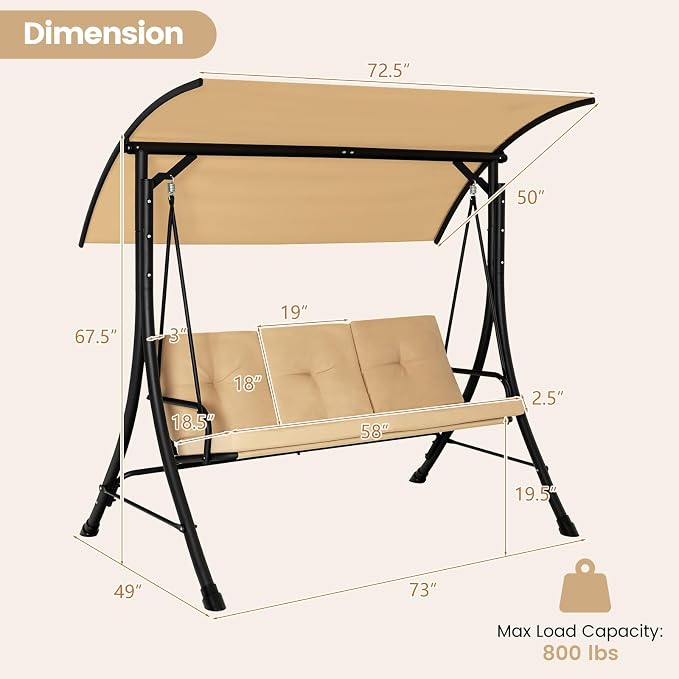 HAPPYGRILL 3-Seat Outdoor Porch Swing - Image 8