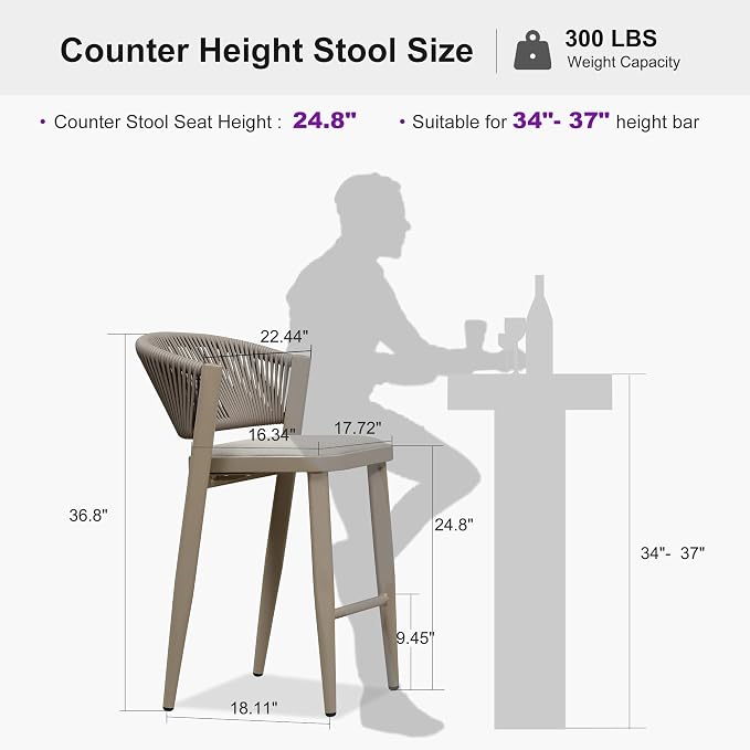 PURPLE LEAF Counter Height Bar Stool Set of 2 Patio Bar Stools Modern Bar - Image 3