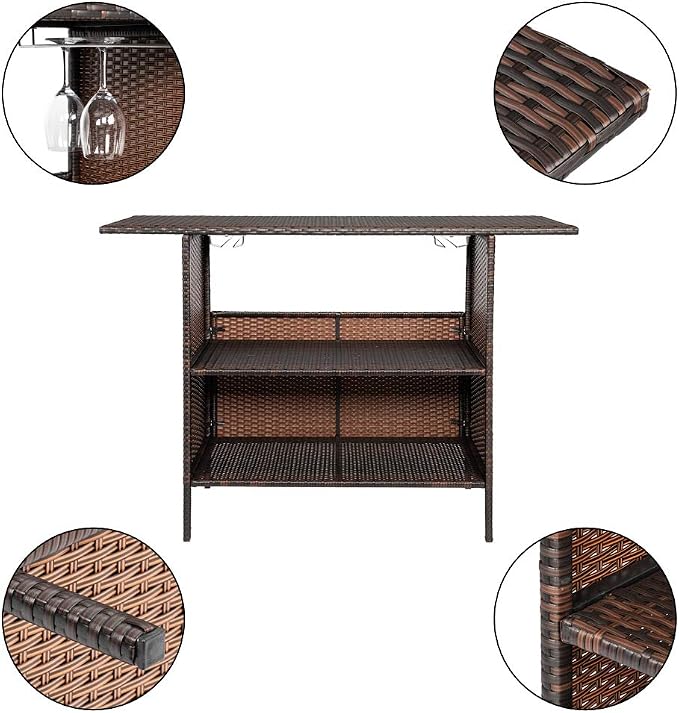 Outdoor Patio Wicker Bar Counter Table Backyard Furniture w/ 2 Steel Shelves - Image 5