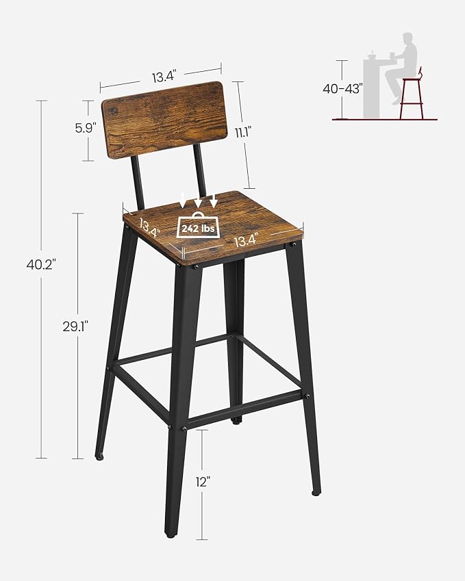 VASAGLE Set of 2 Bar Stools, Bar Height Stools, 29.1 Inches Tall Barstools - Image 7