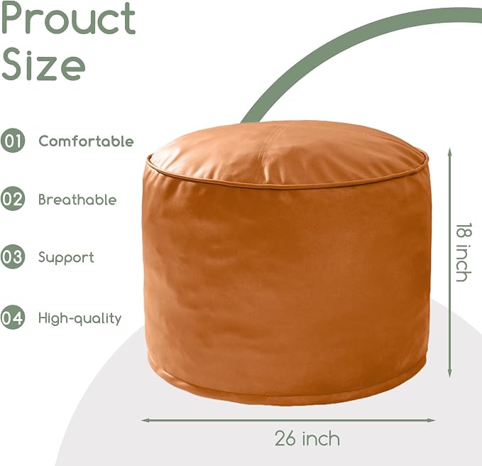 HIGOGOGO Round Stuffed Pouf Ottoman, Pu Leather Poufs - Image 2