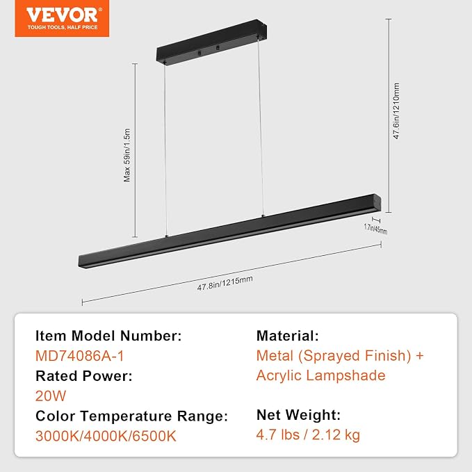 VEVOR Dimmable Linear Pendant Light, 47 in LED Linear Light Fixture Chandelier - Image 7