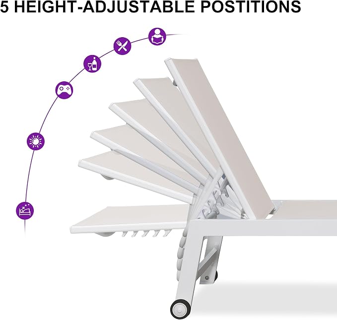 PURPLE LEAF Patio Lounge Chair 2 Pieces White Aluminum Outdoor Chaise Lounge - Image 6