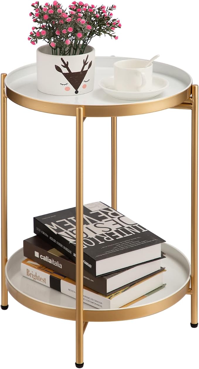 HollyHOME 2-Tier Round Gold Side Table, Outdoor Small Folding Accent Stand by HollyHOME