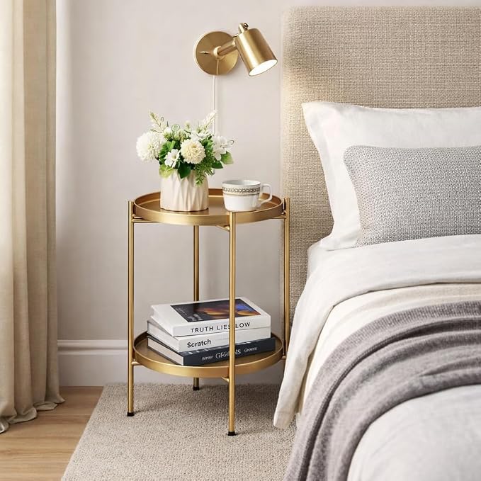 HollyHOME 2-Tier Round Gold Side Table, Outdoor Small Folding Accent Stand - Image 8