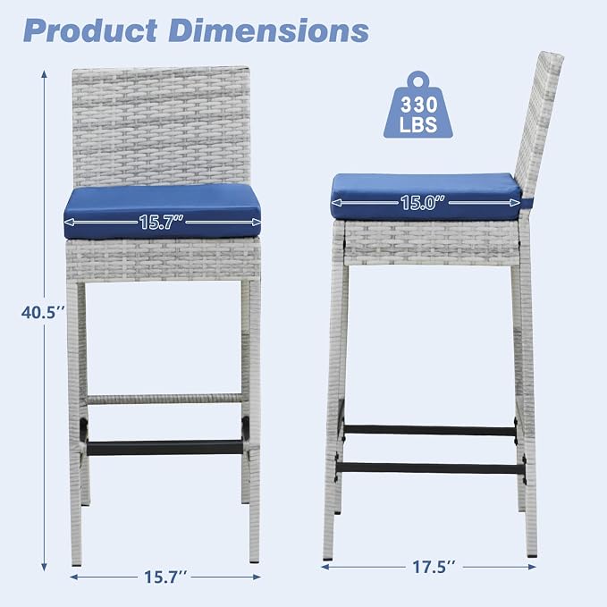 ECOTOUGE Outdoor Bar Stools, Wicker Woven Patio Stools & Patio Bar Chairs - Image 3