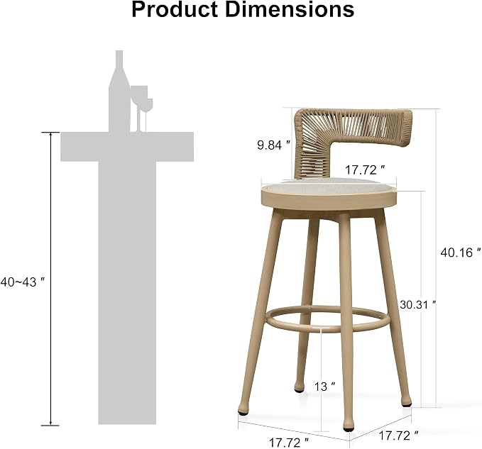 PURPLE LEAF Outdoor Swivel Bar Height Stools Set of 2 Metal Modern Wicker Bar - Image 2
