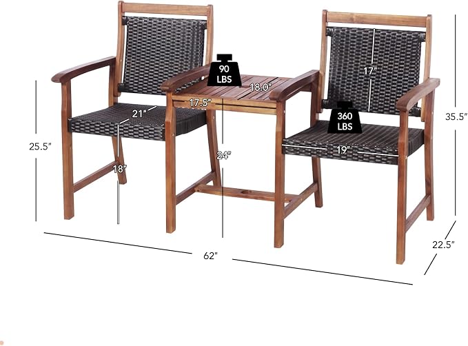 Tangkula Acacia Wood Garden Bench, Patiojoy Rattan Companion Loveseat Chair - Image 5