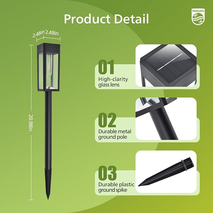 Philips 2 Packs Solar Pathway Lights Outdoor, Glass Metal Led Garden Landscape - Image 4