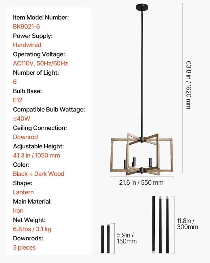 VEVOR 6-Light Chandelier, Metal Farmhouse Chandelier, Adjustable Height - Image 7
