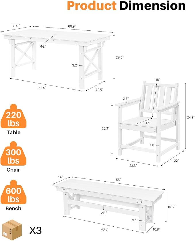 HDPE Outdoor Dining Set of 6, Patio Dining Table Set - Image 3