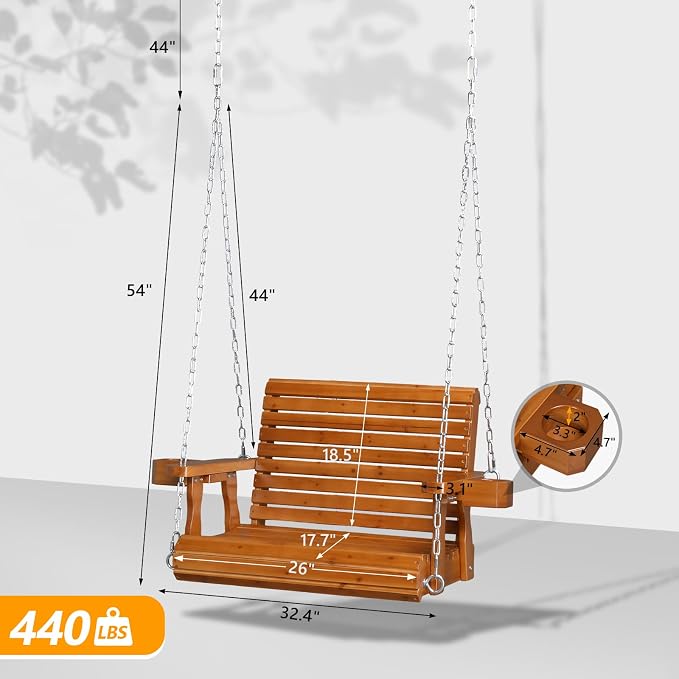 VINGLI Heavy Duty 440 LBS 1-Person Wooden Patio Porch Swing - Image 4