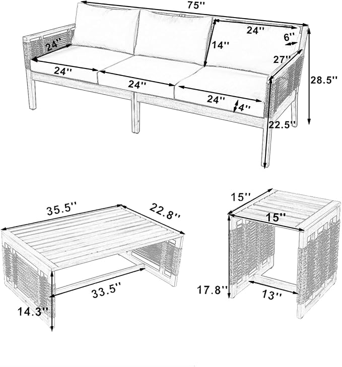 Outdoor 3-Seater Sofa Set with 2 Coffee Tables, Patio Acacia Wood Frame - Image 3