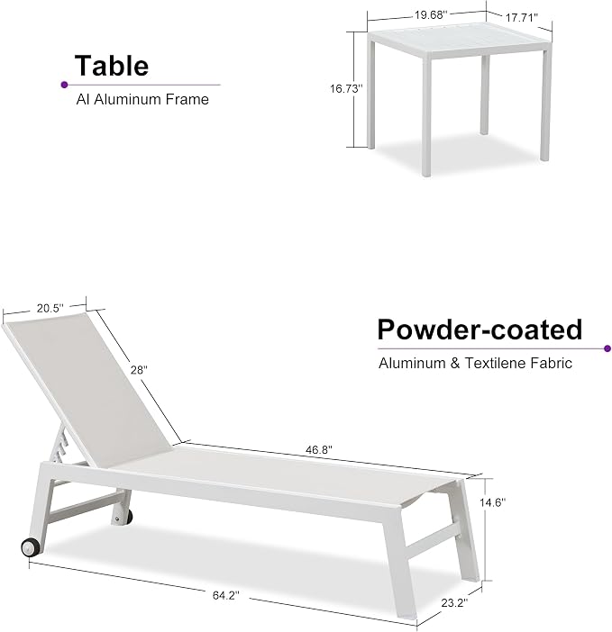 PURPLE LEAF Patio Lounge Chair 2 Pieces White Aluminum Outdoor Chaise Lounge - Image 2