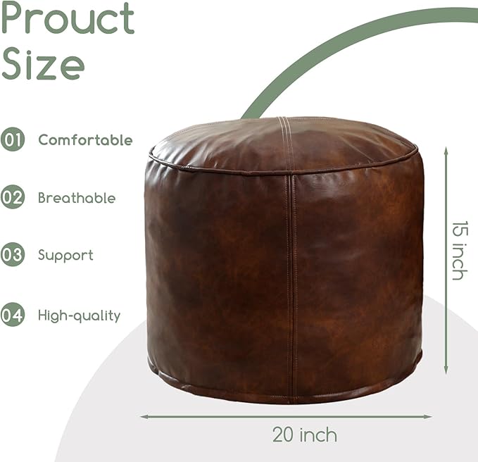 HIGOGOGO Round Stuffed Pouf Ottoman, Pu Leather Poufs - Image 2
