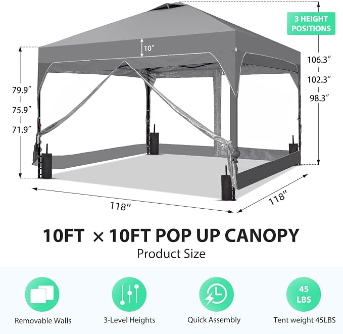 10x10 FT Pop Up Canopy with 4 Clear PVC Sidewalls, Instant 1-Button Push Canopy - Image 7