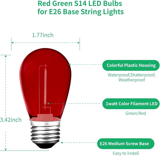 S14 Colored LED String Light Bulbs, E26 Medium Screw Base - Image 3