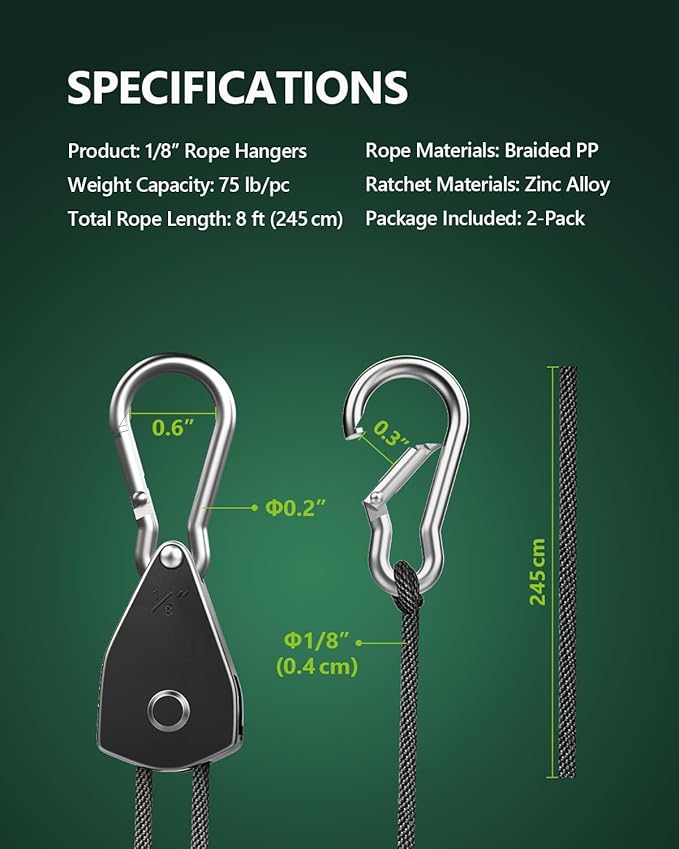 2-Pack 1/8” Adjustable Rope Hanger, Heavy Duty Ratchet Tie Down Strap - Image 6