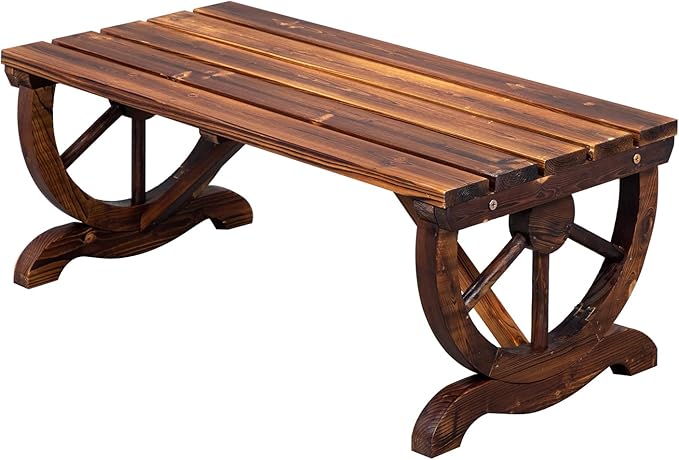 VINGLI Rustic Wooden Wheel Bench Outdoor Bench, Patio Bench Wagon Slatted Seat by VINGLI