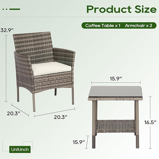 FDW | 3-Piece Patio Furniture Set | Gray & Khaki | Outdoor Wicker Furniture - Image 8