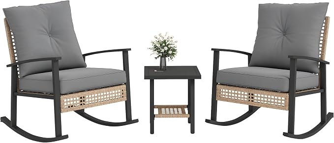 Outsunny 3 Pieces Rocking Wicker Outdoor Bistro Set, Rattan Patio Furniture Set by Outsunny
