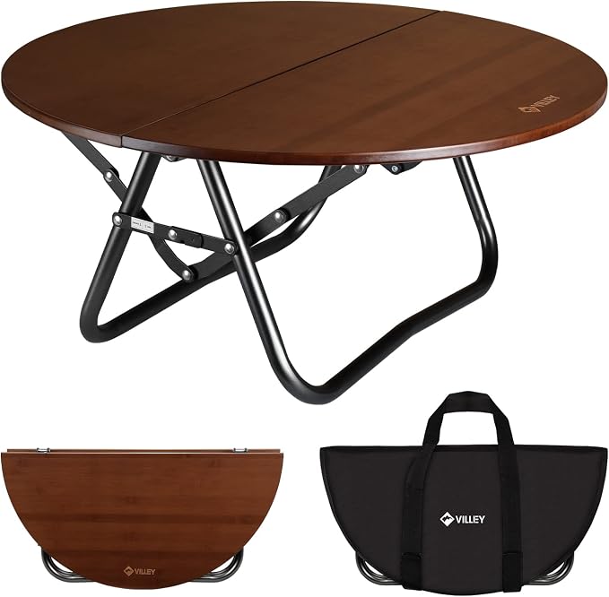 VILLEY Bamboo Round Folding Table, Camping Half-fold Portable Table by VILLEY