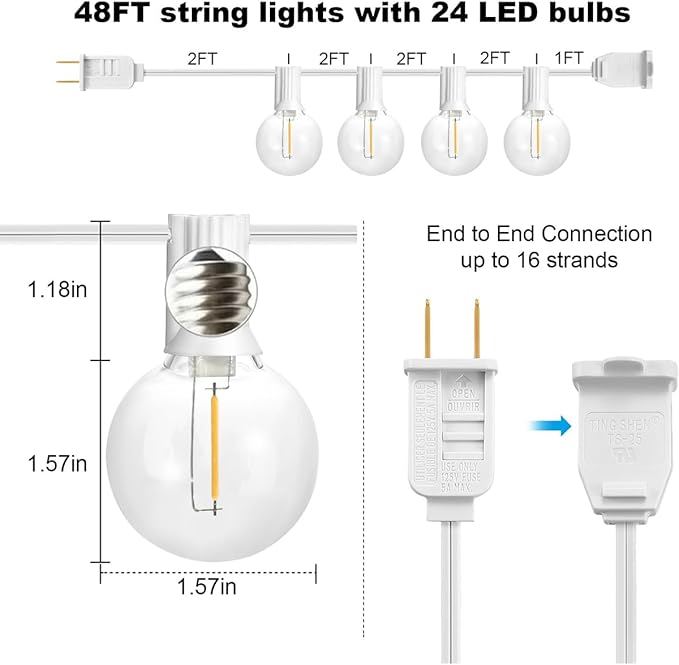 SUNTHIN White Outdoor String Lights, 48FT White Patio Lights - Image 2