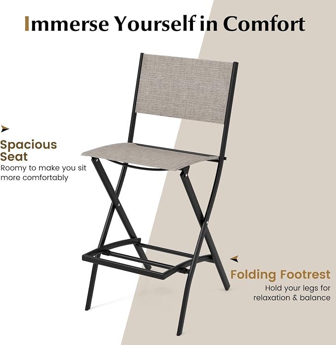 COSTWAY Outdoor Patio Bar Chair Set of 2, Folding Bar Height Stool - Image 4