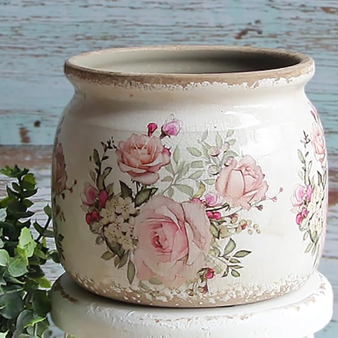 Ceramic Planter for Indoor Plants, 6.29 Inch Rose Pattern Crackle Glaze Flower - Image 5